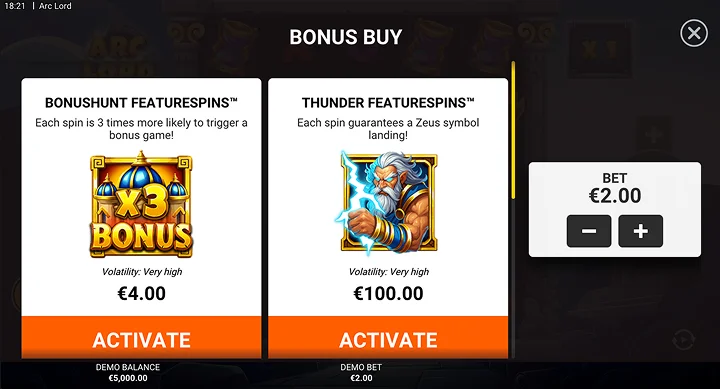 Bonuset BonusHunt FeatureSpins dhe Thunder FeatureSpins në Arc Lord